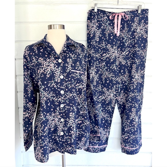 PAPINELLE Cotton/Silk Long Sleeve Pajama Set in Navy Cherry Blossom Print - M - Picture 1 of 15